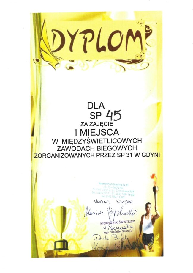 Wypisany formularz dyplomu za zajęcie I miejsca w zawodach biegowych.
