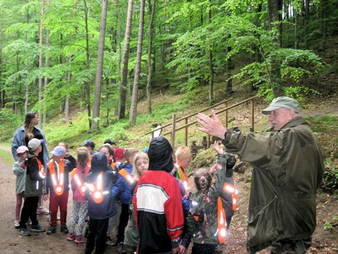 Na tle zielonych drzew Leśnik objaśnia dzieciom zasady poruszania się po lesie.