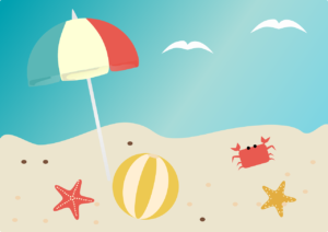 Na tle nadmorskiej plaży kolorowy parasol biało-czerwono- niebieski, biało-żółta piłka, czerwona i żółta rozgwiazda oraz czerwony rak.