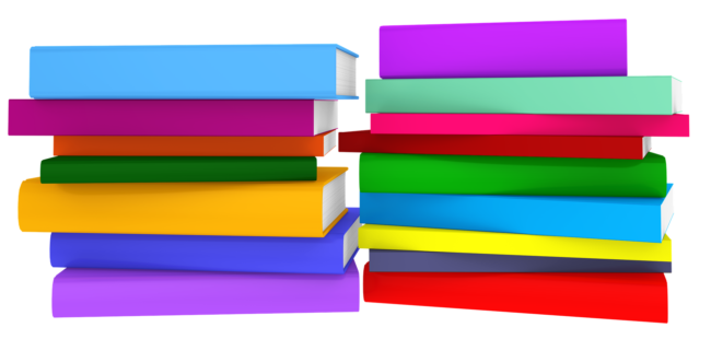 Na białym tle stos książek w kolorowych okładkach