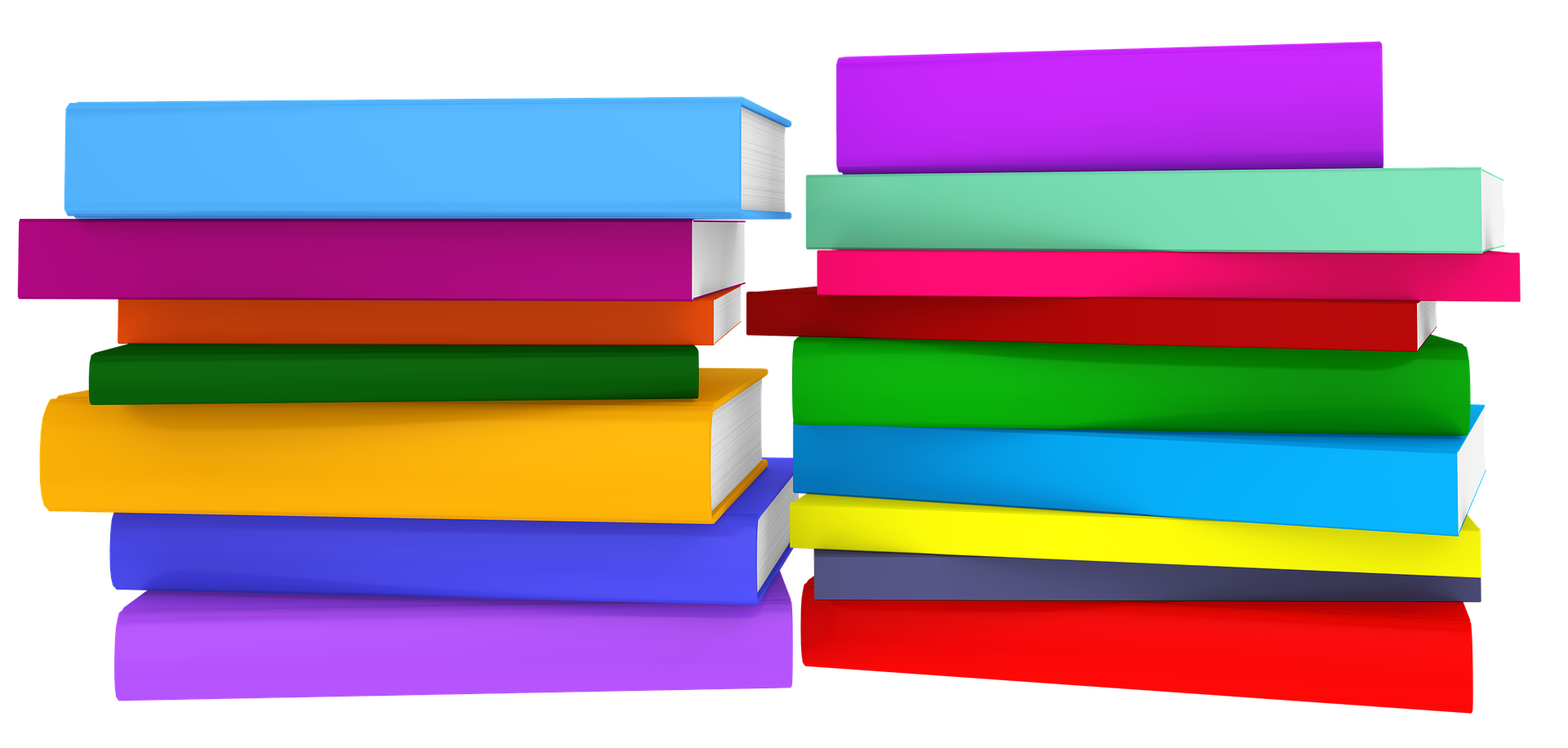 Na białym tle stos książek w kolorowych okładkach