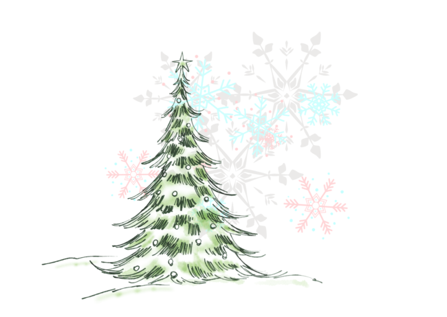 na tle kolorowych śnieżynek zielona choinka