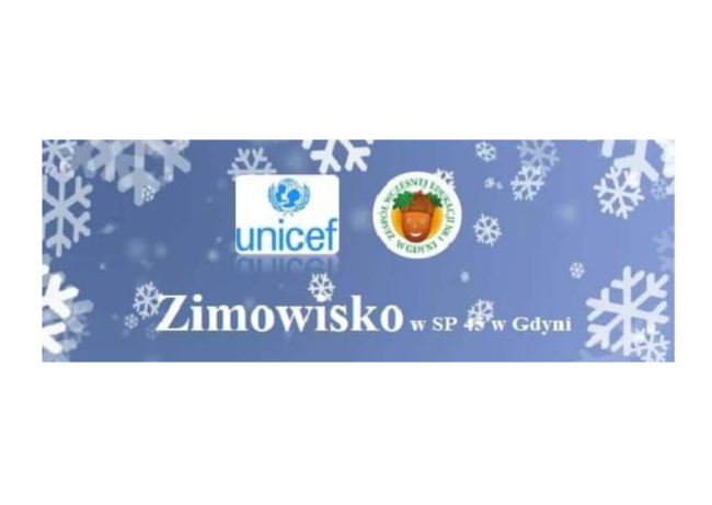 na niebieskim tle białe śnieżynki z napisem zimowisko w sp 45 w Gdyni i wspólnym logo Unicef i ZWE nr 1
