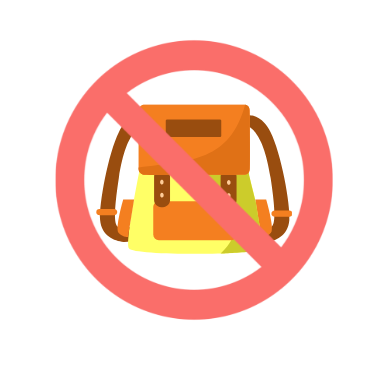 plecak w kolorze żółto - pomarańczowym umieszczony w czerwonawym znaku zakazu