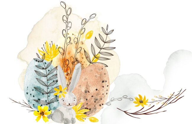 Na białym tle namalowane farbami pisanki w kolorze brązowym i niebieskim, żółte kwiaty , popielaty zajączek i szare bazie