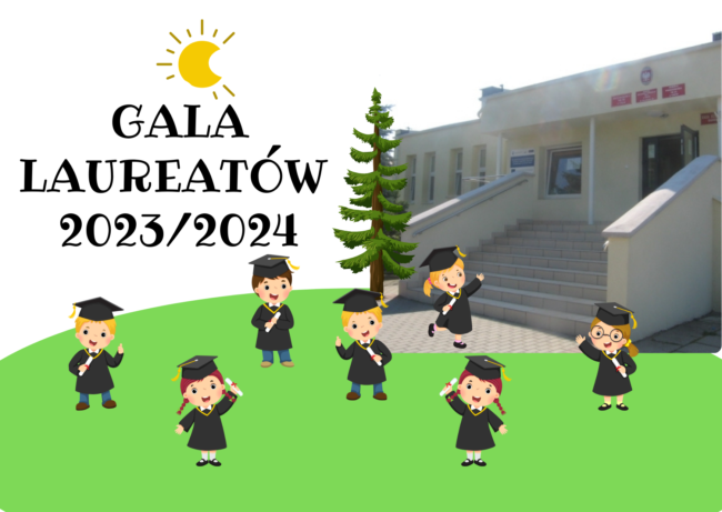 Wizerunek wejścia do szkoły wraz z elementami dekoracyjnymi przedstawiającymi uczniów kończących rok szkolny.