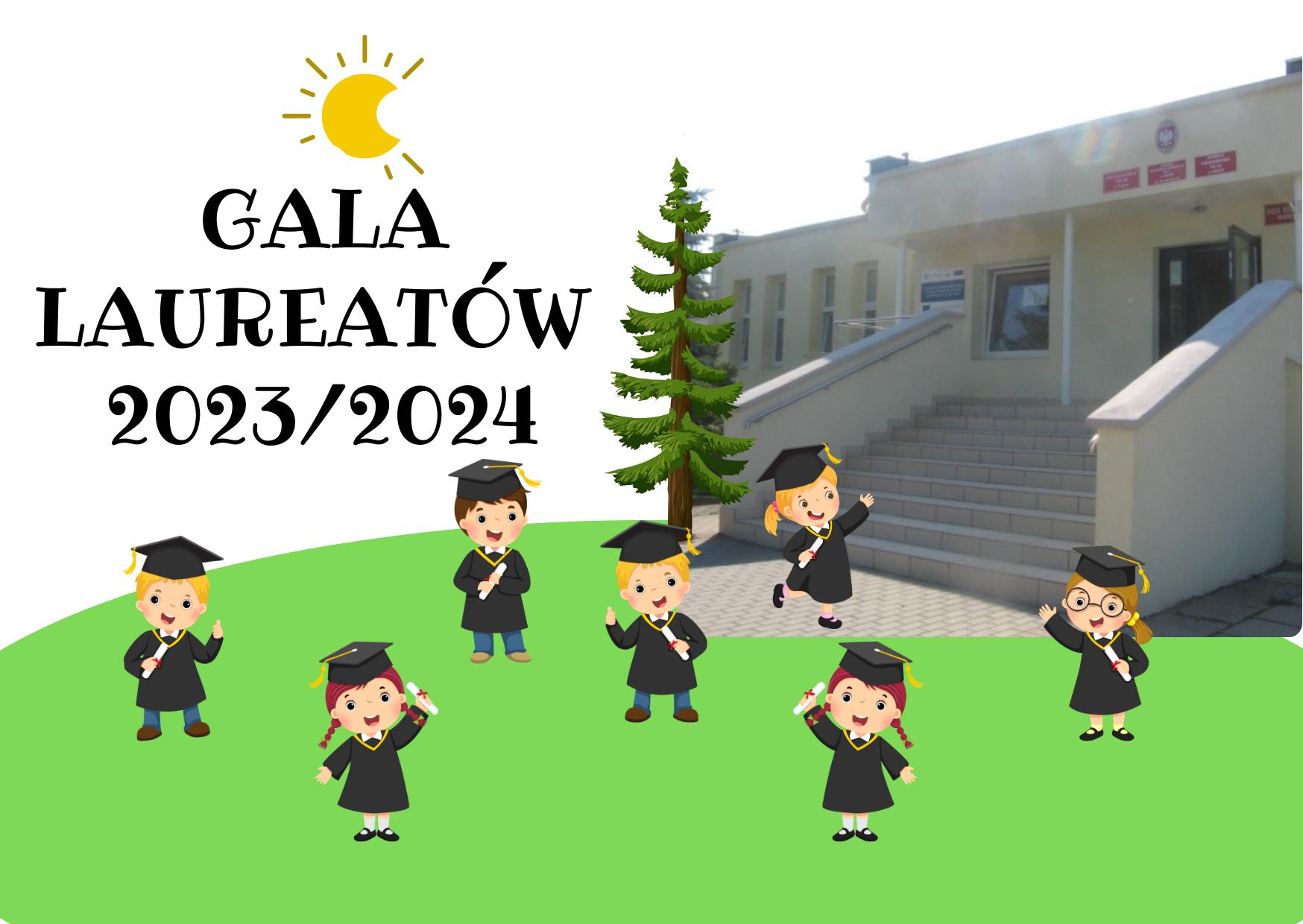 Wizerunek wejścia do szkoły wraz z elementami dekoracyjnymi przedstawiającymi uczniów kończących rok szkolny.
